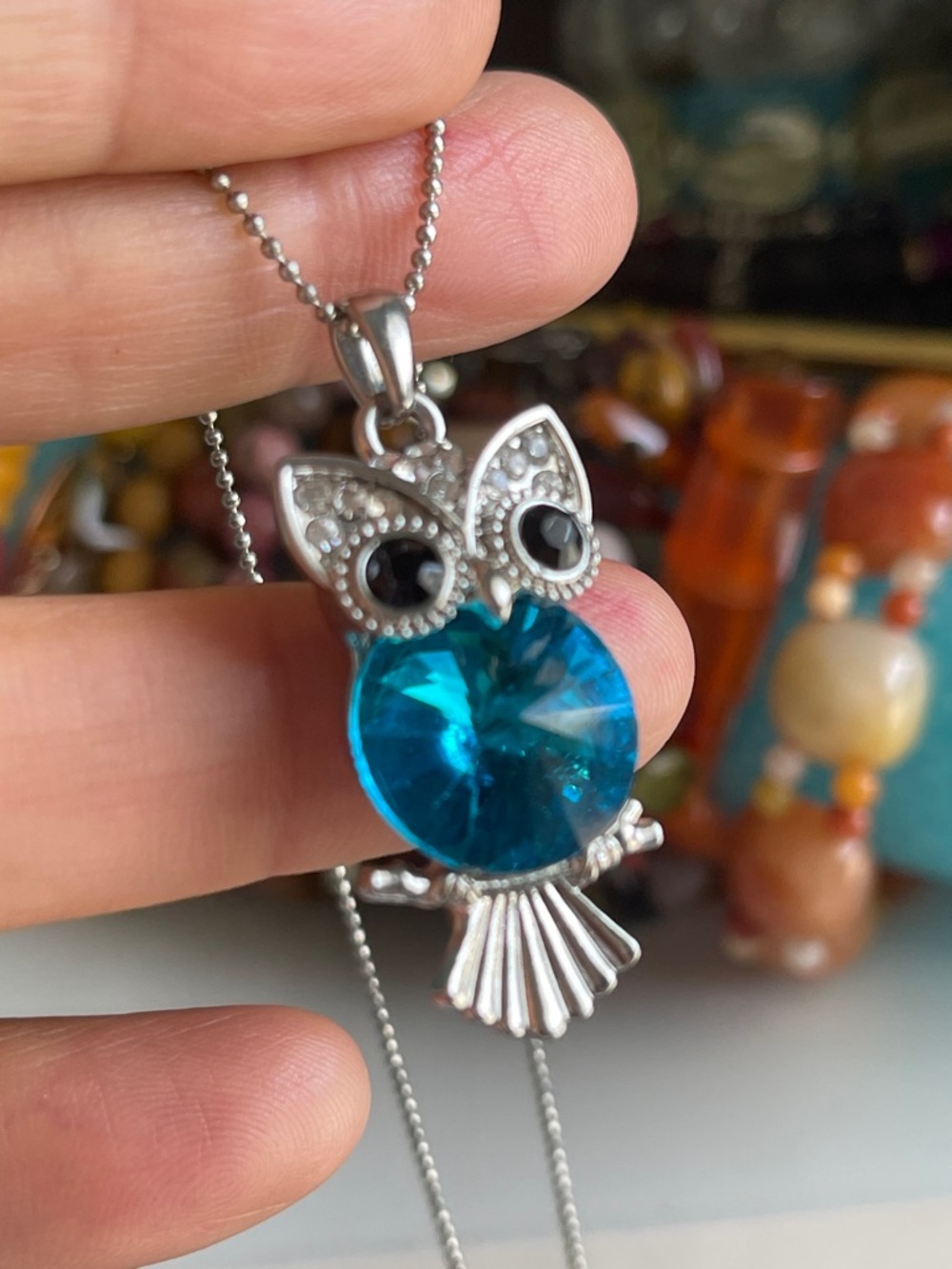 Silver Owl Pendant Necklace with Bright Teal Crystal